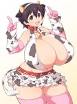  :d animal_ears animal_print arm_warmers arms_up bad_id bad_pixiv_id bangs bare_shoulders beige_background bell belt belt_buckle belt_collar bikini bikini_top blush breasts brown_eyes brown_hair buckle cleavage collar collarbone contrapposto cow_ears cow_horns cow_print cow_tail cowboy_shot curvy elbow_gloves eyebrows eyebrows_visible_through_hair fake_animal_ears fake_horns gigantic_breasts gloves gradient gradient_background groin hair_between_eyes hairband hands_up horns idolmaster idolmaster_cinderella_girls index_finger_raised layered_skirt looking_up microskirt midriff navel oikawa_shizuku open_mouth panties pantyshot pantyshot_(standing) pink_gloves pink_legwear plump print_bikini print_skirt red_belt shiny shiny_skin short_hair simple_background skindentation skirt smile solo standing swimsuit tail thick_thighs thighhighs thighs underwear ushi white_panties 