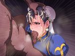  black_eyes black_hair blush censored chinese_clothes chun-li clothed_female_nude_male crying cum cum_on_clothes cum_on_hair double_bun earrings facial fellatio hand_on_head highres legs looking_at_another male_pubic_hair mosaic_censoring oral penis pubic_hair puffy_sleeves simple_background sitting solo_focus street_fighter sweat tears thighs 
