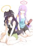  2girls animal_ears barefoot black_hair black_shorts blue_archive breasts cleavage closed_mouth collarbone dog_ears dog_girl dog_tail green_shorts hair_dryer half-closed_eyes halo hariyaa hibiki_(blue_archive) highres holding long_hair medium_breasts multiple_girls purple_eyes purple_hair shirt shorts simple_background sitting sleeveless sleeveless_shirt small_breasts sweat tail tank_top towel towel_around_neck utaha_(blue_archive) wariza wet wet_hair yellow_halo 