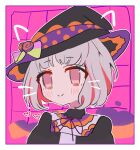  1girl :&gt; absurdres animal_ears black_dress black_hat blush bolo_tie border bow cat_ears colored_inner_hair drawn_ears drawn_heart drawn_whiskers dress empty_eyes green_bow grey_hair halloween_costume hat hat_ribbon heart highres idol_clothes inset_border link!_like!_love_live! love_live! multicolored_hair nagisa_iori orange_hat orange_ribbon outline pink_background pink_bow portrait purple_ribbon red_eyes red_hair ribbon short_hair smile solo split_mouth streaked_hair trick_&amp;_cute_(love_live!) two-tone_bow two-tone_hair two-tone_hat two-tone_ribbon virtual_youtuber white_border white_outline witch_hat yugiri_tsuzuri 