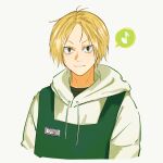  1boy apron blonde_hair highres hood hood_down hoodie looking_at_viewer male_focus name_tag rihyulin sakamoto_days shin_(sakamoto_days) short_hair simple_background solo upper_body white_background white_hoodie 