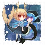  2girls absurdres antlers black_footwear blonde_hair blue_bow blue_shirt blue_skirt bow bright_pupils chibi chinese_commentary commentary_request dragon_tail frilled_headwear head_scarf highres holding_another&#039;s_tail horns jewelry kicchou_yachie long_hair magatama magatama_necklace mary_janes mask_(boring_mask) medium_skirt mermaid monster_girl multiple_girls necklace open_mouth outline parted_lips pleated_skirt purple_hair red_eyes shirt shoes short_hair skirt sleeves_past_elbows slit_pupils socks swept_bangs tail touhou white_outline white_pupils white_socks 