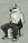 anthro arms_tied aroused bdsm bondage bottomwear bound bulge canid canine canis chair chair_bondage claws clothed clothing death_(puss_in_boots) dreamworks fur furniture fuzzy hands_behind_back heart_symbol hi_res licking licking_lips male mammal pants puss_in_boots_(dreamworks) question_mark red_eyes restrained restrained_arms restraints shirtless simple_background sitting slim smollco solo spread_legs spreading tongue tongue_out topless torn_clothing unbuttoned unbuttoned_pants white_body white_fur wolf