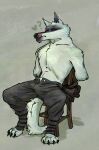  anthro arms_tied aroused bdsm bondage bottomwear bound bulge canid canine canis chair chair_bondage claws clothed clothing death_(puss_in_boots) dreamworks fur furniture fuzzy hands_behind_back heart_symbol hi_res licking licking_lips male mammal pants puss_in_boots_(dreamworks) question_mark red_eyes restrained restrained_arms restraints shirtless simple_background sitting slim smollco solo spread_legs spreading tongue tongue_out topless torn_clothing unbuttoned unbuttoned_pants white_body white_fur wolf 