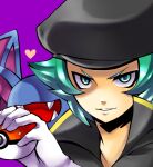  1boy black_hat black_jacket fangs glint gloves green_eyes green_hair heart holding holding_poke_ball jacket kotorai looking_at_viewer male_focus parted_lips poke_ball pokemon pokemon_(creature) proton_(pokemon) purple_background shaded_face short_hair simple_background solo sparkle team_rocket white_gloves zubat 