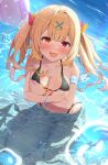  1girl ball beachball bikini blonde_hair blush breasts hair_ornament heterochromia highres hoshikawa_sara long_hair looking_at_viewer medium_breasts navel nijisanji open_mouth red_eyes solo stomach suicabar72 swimsuit twintails virtual_youtuber water x_hair_ornament yellow_eyes 