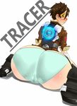  aqua_panties ass ass_focus blush bomber_jacket bouzon brown_eyes brown_hair cameltoe character_name commentary_request crotch_seam dutch_angle from_behind glowing goggles highres huge_ass jacket looking_at_viewer looking_back overwatch panties pantylines patch shoe_soles short_hair simple_background sitting sleeves_folded_up solo tracer_(overwatch) trefoil underwear union_jack wariza wavy_mouth white_background 