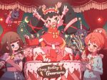  3girls :d arms_up birthday birthday_cake black_hair blue_dress blue_eyes brown_hair cake candle cat character_name confetti crescent curtains demon_horns double_v dress food full_body gaaruru_(pripara) gajira_(pripara) gloves hairband happy_birthday highres horns kurosu_aroma long_hair looking_at_viewer monster multiple_girls neko_(pripara) open_mouth party_popper paw_shoes ponytail pretty_series pripara red_dress red_footwear red_hair red_hairband ruru_ashihara shiratama_mikan smile standing standing_on_one_leg star_(symbol) third-party_source twintails v white_gloves 