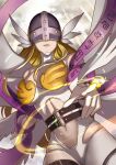  1girl angel angel_wings angewomon armor asymmetrical_clothes aura bare_shoulders belt blonde_hair breastplate breasts clothing_cutout cloud covered_eyes cowboy_shot digimoji digimon digimon_(creature) energy feathered_wings head_wings helmet helmet_over_eyes highres large_breasts leg_belt light_rays long_hair looking_at_viewer navel o-ring oumi_mizu pink_ribbon pointing pointing_at_viewer ribbon solo stomach_cutout translation_request wings 