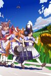  4girls ahoge bag blue_sky bow brown_footwear brown_hair commentary_request full_body hair_between_eyes highres hug loafers mayano_top_gun_(umamusume) mihono_bourbon_(umamusume) multicolored_hair multiple_girls open_mouth outdoors puffy_short_sleeves puffy_sleeves purple_bow purple_shirt rice_shower_(umamusume) school_bag school_uniform shirt shoes short_sleeves skirt sky smile streaked_hair summer_uniform tilted_headwear tokai_teio_(umamusume) tracen_school_uniform twintails umamusume wahiko_(black_bastard) white_hair 