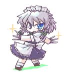  1girl aokukou blue_dress bow braid brown_footwear chibi commentary_request dress frilled_dress frills glint green_bow grey_hair hair_bow izayoi_sakuya lowres maid_headdress medium_hair puffy_short_sleeves puffy_sleeves shirt short_sleeves simple_background socks solo touhou white_background white_shirt white_socks 