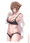  1girl blush bra breasts brown_eyes brown_hair collarbone commentary cowboy_shot cropped_legs ebifurya groin hair_between_eyes highres kantai_collection large_breasts long_sleeves looking_to_the_side mutsu_(kancolle) navel no_pants one-hour_drawing_challenge open_clothes open_shirt panties parted_lips shirt short_hair sidelocks simple_background smile solo thighs twitter_username underwear white_background white_shirt 