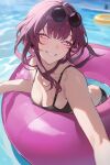  1girl afloat ai-generated black_bra black_panties bra breasts cleavage eyewear_on_head highres honkai:_star_rail honkai_(series) jumy_jam kafka_(honkai:_star_rail) looking_at_viewer medium_breasts mihoyo outdoors panties pince-nez pink_eyes pool purple_hair smile solo sunglasses swimsuit teeth underwear 