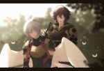  2boys :d ahoge armor blurry breastplate brown_hair closed_eyes comb commentary_request depth_of_field elbow_gloves feathered_wings feathers fingerless_gloves forest gloves granblue_fantasy hair_between_eyes hood hood_down light_particles lucifer_(shingeki_no_bahamut) male_focus messy_hair multiple_boys nature red_ribbon ribbon sandalphon_(granblue_fantasy) short_hair sitting smile tree turtleneck white_feathers white_hair white_wings wings yaoi yori_(y_rsy) 