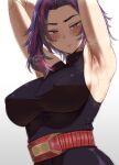  1girl absurdres armpits arms_behind_head bare_shoulders belt boku_no_hero_academia breasts closed_mouth covered_nipples dress gradient_background highres lady_nagant large_breasts looking_at_viewer micchan_(micchanmeido) multicolored_hair pink_hair prosthetic_weapon purple_eyes purple_hair short_hair sleeveless sleeveless_turtleneck_dress smile solo streaked_hair sweat taut_clothes taut_dress two-tone_hair upper_body utility_belt 