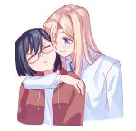  2girls arms_around_neck black_hair blonde_hair blue_eyes cheek-to-cheek closed_eyes closed_mouth collared_shirt commentary egakuning glasses heads_together highres jacket kamikoshi_sorawo long_sleeves multiple_girls nishina_toriko one_eye_closed open_clothes open_jacket photo-referenced red_jacket shirt short_hair simple_background upper_body urasekai_picnic white_background white_shirt yuri 