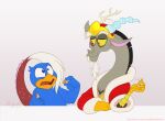  anthro avian beak chimera clothing coat crossover discord_(mlp) duo eye_contact friendship_is_magic hasbro hat headgear headwear king_dedede kirby_(series) looking_at_another male maybehawthorn my_little_pony nintendo signature simple_background topwear 