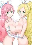  2girls blonde_hair bow braid breast_press breasts closed_mouth commentary_request cure_prism cure_rhythm elbow_gloves gloves green_eyes hair_bow highres hirogaru_sky!_precure holding_hands interlocked_fingers kuppipi_ramutarou large_breasts long_hair looking_at_viewer minamino_kanade multiple_girls nijigaoka_mashiro nude pink_hair precure simple_background smile symmetrical_docking very_long_hair white_background white_bow white_gloves 