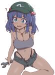  1girl ? blue_eyes blue_hair breasts cachemerro cleavage collarbone green_hat grey_vest jewelry kawashiro_nitori key key_necklace midriff navel necklace open_mouth simple_background sitting solo touhou two_side_up vest white_background 