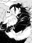  2boys animal_hug animalization black_jacket cat closed_eyes closed_mouth earrings getou_suguru gojou_satoru greyscale hair_bun jacket jewelry jujutsu_kaisen long_hair loose_hair_strand monochrome multiple_boys round_eyewear saehd_jj smile stud_earrings sunglasses white_cat white_fur 