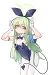  1girl blue_archive blush closed_mouth green_hair highlander_sidelocks_conductor_(blue_archive) highres long_hair looking_at_viewer painterliuhao pointy_ears simple_background solo white_background yellow_eyes 