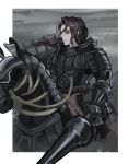  1boy armor armored_animal barding black_armor black_eyes black_hair breastplate closed_mouth cowboy_shot faulds gauntlets greaves grey_background grey_hair highres holding holding_polearm holding_weapon horseback_riding kurapixel_art lance long_hair male_focus multicolored_hair pauldrons polearm profile renault_(unicorn_overlord) riding shoulder_armor solo streaked_hair unicorn_overlord weapon 