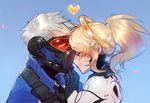  1girl ^_^ blonde_hair blue_background blush bodysuit closed_eyes couple face-to-face gloves grin hand_on_another's_chin heart hensa hetero high_ponytail jacket mask mechanical_halo mercy_(overwatch) overwatch petals ponytail scar short_hair silver_hair smile soldier:_76_(overwatch) watermark web_address 