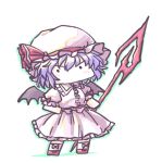  1girl aokukou bat_wings black_wings blue_hair chibi collared_shirt commentary_request frilled_shirt frilled_shirt_collar frilled_skirt frills hat hat_ribbon lowres mob_cap no_mouth no_nose pink_hat pink_shirt pink_skirt red_footwear red_ribbon remilia_scarlet ribbon shirt short_hair simple_background skirt socks solo spear_the_gungnir touhou white_background white_socks wings 