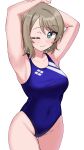  1girl absurdres blue_eyes blue_one-piece_swimsuit blush breasts brown_hair competition_swimsuit cowboy_shot ereka exercise grey_hair highres looking_at_viewer love_live! love_live!_sunshine!! medium_breasts one-piece_swimsuit one_eye_closed short_hair simple_background solo stretching swimsuit watanabe_you white_background 