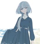  1girl beach blue_dress blue_eyes buttons closed_mouth dress grey_eyes grey_hair highres long_hair long_sleeves looking_at_viewer maco22 original shore short_hair_with_long_locks simple_background skirt_hold smile solo unworn_clothes white_background 