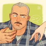  1boy 1girl aaron_gruber_(o_natsuo88) bara beard_stubble eating english_text facial_hair food food_on_face grey_hair highres holding holding_food looking_to_the_side madison_(o_natsuo88) male_focus mature_male mustache nail_polish o_natsuo88 old old_man original out_of_frame pout receding_hairline scar scar_on_cheek scar_on_face shirt short_hair speech_bubble stubble thick_eyebrows thick_mustache upper_body wrinkled_skin 