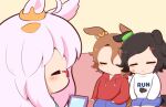  3girls :o ahoge animal_ears biwa_hayahide_(umamusume) black_hair blue_pants blue_shorts blush_stickers brown_background brown_hair cellphone chibi closed_eyes couch drawstring ears_down glasses gomashio_(goma_feet) grey_hair hair_between_eyes hood hood_down hoodie horse_ears horse_girl horse_tail long_sleeves multiple_girls narita_taishin_(umamusume) on_couch pants parted_bangs parted_lips phone profile red-framed_eyewear red_hoodie semi-rimless_eyewear shirt shorts simple_background sitting sleeping sleeping_on_person sleeping_upright sleeves_past_wrists swept_bangs tail umamusume under-rim_eyewear white_shirt winning_ticket_(umamusume) 