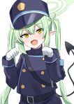  1girl :d amenocchi belt blue_archive blue_jacket blush buttons clenched_hands demon_girl demon_tail dot_nose double-breasted fang gloves green_halo grey_hair hair_between_eyes halo hands_up happy hat highlander_twintails_conductor_(blue_archive) highres jacket long_hair looking_at_viewer paw_pose pointy_ears simple_background slit_pupils smile solo tail tongue tsurime upper_body very_long_hair white_background white_gloves yellow_eyes 
