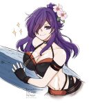  1girl bikini black_bikini black_choker black_gloves breasts choker commentary fingerless_gloves fire_emblem fire_emblem:_three_houses fire_emblem_heroes fire_emblem_warriors:_three_hopes flower gloves hair_flower hair_ornament highres large_breasts long_hair looking_at_viewer official_alternate_costume pink_flower purple_eyes purple_hair shez_(female)_(fire_emblem) shez_(fire_emblem) sierra117renner solo sparkle stomach swimsuit 