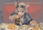  1girl ahoge almond_(arknights) animal_ears arknights blue_eyes blue_jacket booth_seating bread bread_bun commentary cropped_jacket cup ear_tag food fried_chicken grey_hair highres holding holding_food id_card indoors jacket looking_at_viewer miike_(992058) napkin plate pouch shirt short_hair solo soup spoon table upper_body visor_cap whistle white_shirt 