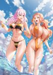  2girls :d abs bikini black_bikini blue_eyes blue_sky breasts cameltoe cecilia_campbell cloud day earrings elisa_anker ge_xi hair_between_eyes highres holding_hands huge_breasts interlocked_fingers jewelry large_breasts levasol_defense_corps looking_at_another multiple_girls navel ocean orange_bikini orange_eyes orange_hair original outdoors pink_hair ponytail revealing_clothes sky slingshot_swimsuit smile string_bikini swimsuit two-tone_bikini wading water witches_in_7th_base yellow_bikini yuri 