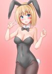  1girl animal_ears anti_(untea9) black_leotard blonde_hair blue_eyes bow bowtie breasts covered_navel cowboy_shot embarrassed fake_animal_ears gradient_background highres kantai_collection leotard looking_at_viewer pantyhose playboy_bunny red_background rodney_(kancolle) twitter_username 