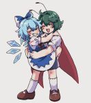  2girls antennae black_cape blue_bow blue_dress blue_hair blue_shorts bobotatamu bow brown_footwear cape cirno closed_eyes dress green_hair grin happy highres ice ice_wings mary_janes multiple_girls open_mouth puffy_short_sleeves puffy_sleeves red_cape shirt shoes short_hair short_sleeves shorts simple_background smile socks standing touhou white_background white_shirt white_socks wings wriggle_nightbug 