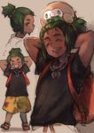  3boys arms_behind_head bird dark_skin dark_skinned_male ezroseven gen_7_pokemon green_hair grin hau_(pokemon) male_focus multiple_boys multiple_persona open_mouth owl pokemon pokemon_(creature) pokemon_(game) pokemon_sm rowlet smile 