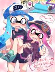  2girls @_@ baseball_cap blush carrying eromame fang flattened grey_eyes hat hood hoodie ink inkling inkling_girl inkling_player_character multiple_girls paint_roller pink_eyes pink_hair princess_carry print_headwear shirt shorts splat_roller_(splatoon) splatoon_(series) sweat t-shirt tentacle_hair visor_cap 