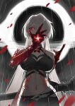  1girl acheron_(honkai:_star_rail) arm_up black_choker black_gloves black_hole black_shorts blood blood_from_eyes body_markings breasts choker cleavage detached_sleeves falling_petals flower gloves hair_over_one_eye hand_on_own_face highres holding holding_sword holding_weapon honkai:_star_rail honkai_(series) large_breasts lempika long_hair midriff navel petals rain red_eyes red_flower scabbard sheath sheathed short_shorts shorts single_bare_shoulder solo stomach sword weapon white_hair 