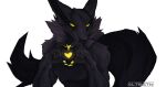  absurd_res anthro belly black_belly black_tail canid canine claws demon digital_media_(artwork) fox fur glowing glowing_eyes grey_body grey_fur heart_symbol hi_res huge_filesize hybrid loiterstein long_tail looking_at_viewer male mammal neck_tuft pawpads simple_background solo solo_focus tail tuft white_background yellow_claws yellow_eyes yellow_pawpads 