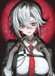 1girl arlecchino_(genshin_impact) arubi_222 commentary drop_shadow genshin_impact grey_hair grin heart heart-shaped_pupils heart_hands highres looking_at_viewer necktie red_necktie shirt short_hair smile solo symbol-shaped_pupils upper_body white_shirt 