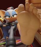 3d_(artwork) 5_toes anthro barefoot bat clothing digital_media_(artwork) dwighteisenhower eyeshadow feet female foot_focus fur gloves green_eyes handwear hat headgear headwear hi_res humanoid_feet makeup mammal plantigrade rouge_the_bat sega smile solo sonic_the_hedgehog_(series) tan_body tan_skin toes white_body white_fur wings