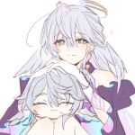  1boy 1girl bare_shoulders blue_eyes blush brother_and_sister chibi closed_eyes closed_mouth detached_sleeves facing_viewer green_eyes grey_hair hair_between_eyes halo hands_on_another&#039;s_head head_wings honkai:_star_rail honkai_(series) knees_up legs_together long_hair looking_at_viewer purple_sleeves robin_(honkai:_star_rail) short_sleeves siblings simple_background smile sp0i0ppp sunday_(honkai:_star_rail) two-tone_eyes white_background wings 