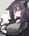  1girl absurdres animal_ears arknights beudelb black_hair black_jacket blush breasts cat cat_ears cat_girl cat_tail embarrassed green_eyes grey_background grey_shirt hair_ornament heart highres holding jacket jessica_(arknights) large_breasts long_hair long_sleeves looking_at_viewer multicolored_hair nose_blush purple_hair shirt solo tail 