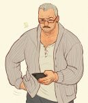  1boy aaron_gruber_(o_natsuo88) bara beard_stubble cardigan chest_hair cowboy_shot facial_hair glasses grey_hair hand_hair holding holding_phone looking_at_phone male_focus mature_male mustache o_natsuo88 old old_man open_cardigan open_clothes original phone receding_hairline rectangular_eyewear scar scar_on_cheek scar_on_face shirt short_hair simple_background solo stubble thick_eyebrows thick_mustache wrinkled_skin yellow_background 