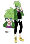  1boy :d arm_behind_back black_pants black_vest blue_eyes bow bowtie bracelet character_name full_body green_hair green_jacket grin hand_up iggy_koopa jacket jewelry looking_at_viewer lzesmelt male_focus mario_(series) multiple_views pants personification purple_bow purple_bowtie simple_background smile solo spiked_bracelet spikes standing vest white_background yellow_footwear 