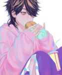  1boy black_hair burger cola corrupted_twitter_file eating expressionless fingernails food from_side gusamo hair_over_one_eye hanemiya_kazutora highres holding_burger knees_up light_blush long_sleeves male_focus medium_hair mole mole_under_eye multicolored_hair pants pink_sweater portrait purple_pants simple_background sitting solo streaked_hair sweater tokyo_revengers wolf_cut yellow_eyes 