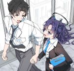  1boy 1girl black_eyes black_hair black_necktie blue_archive blue_archive_the_animation blue_eyes blue_necktie blush breasts collared_shirt grey_pants halo id_card indoors long_hair long_sleeves mechanical_halo medium_breasts necktie open_mouth pants patch_oxxo purple_hair sensei_(blue_archive) sensei_(blue_archive_the_animation) shirt short_hair sleeves_past_elbows smile suit two_side_up white_shirt yuuka_(blue_archive) 